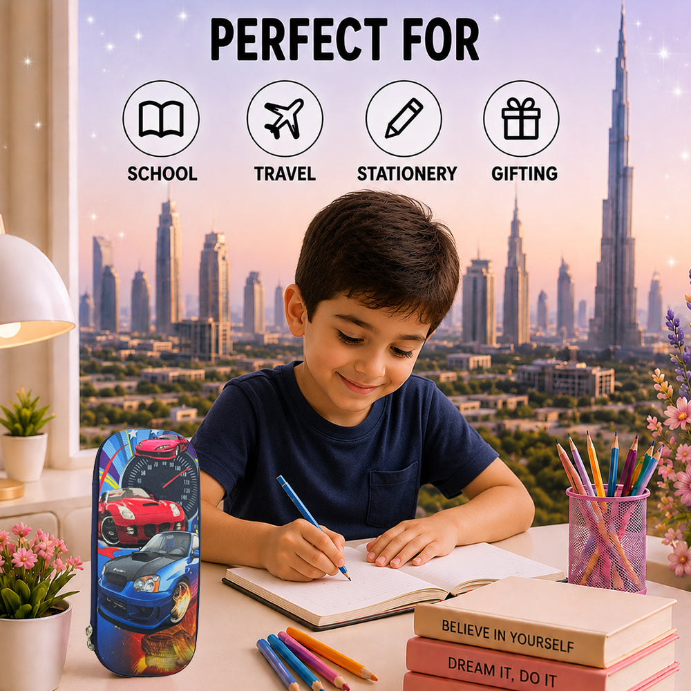 Cocobee Cars Pencil Case With Internal Mesh Pocket, Sturdy Build, Zipper Closure – Boys, 3+ Years, Multicolor