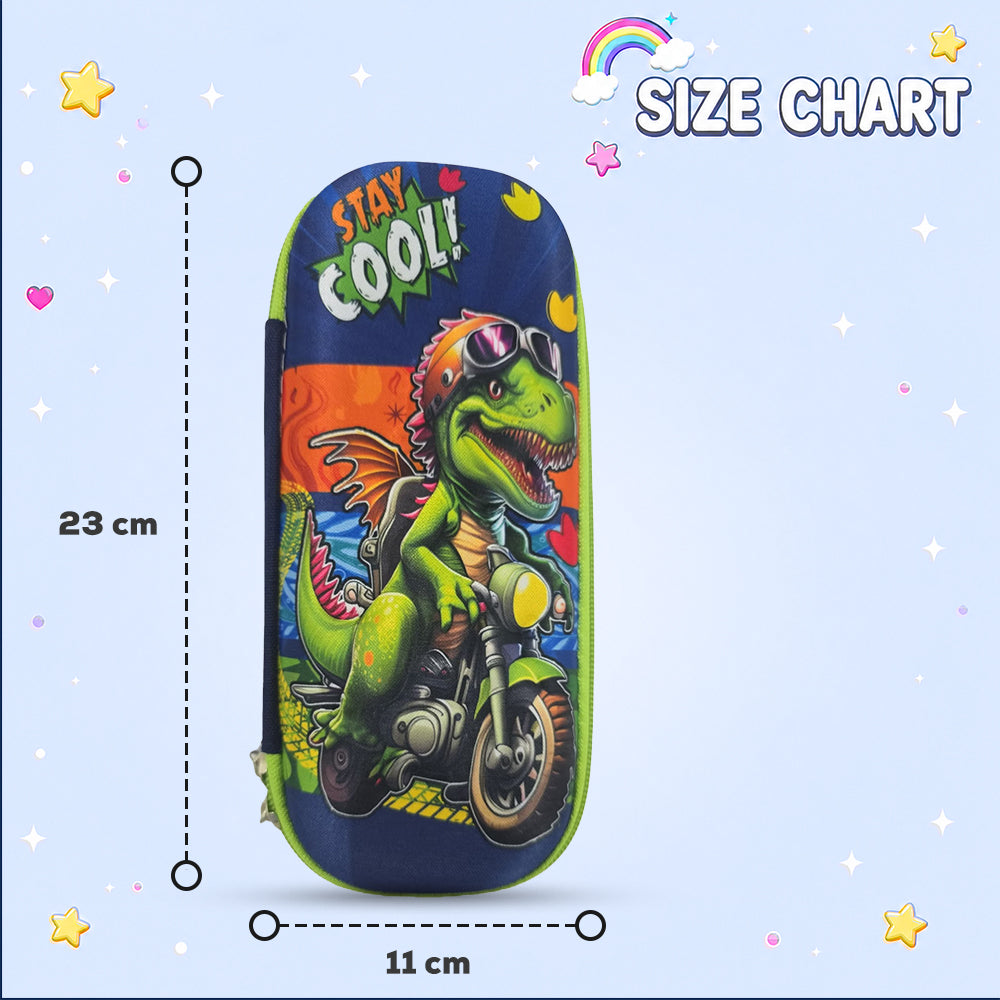 Cocobee Biker Dino Pencil Case With Internal Mesh Pocket, Sturdy Build, Zipper Closure – Boys, 3+ Years, Multicolor