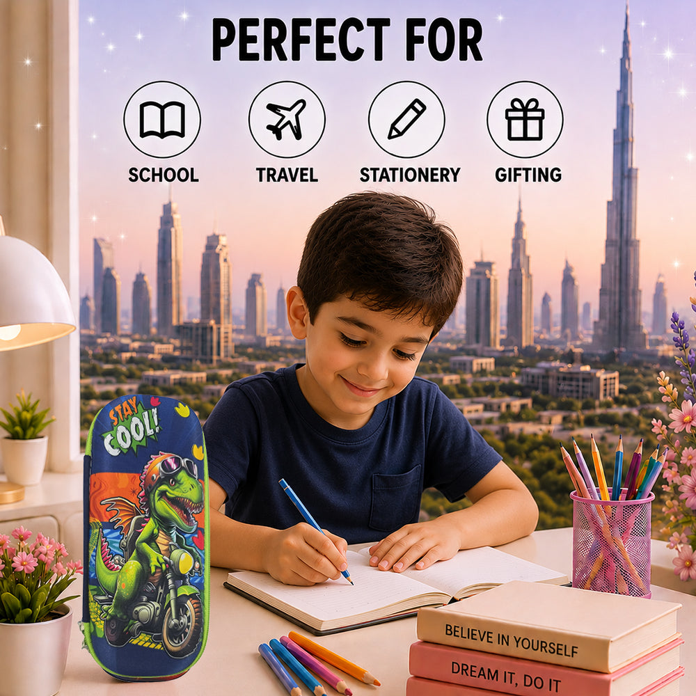 Cocobee Biker Dino Pencil Case With Internal Mesh Pocket, Sturdy Build, Zipper Closure – Boys, 3+ Years, Multicolor