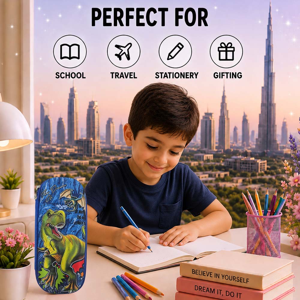 Cocobee Dino Roar Pencil Case With Internal Mesh Pocket, Sturdy Build, Zipper Closure – Boys, 3+ Years, Multicolor