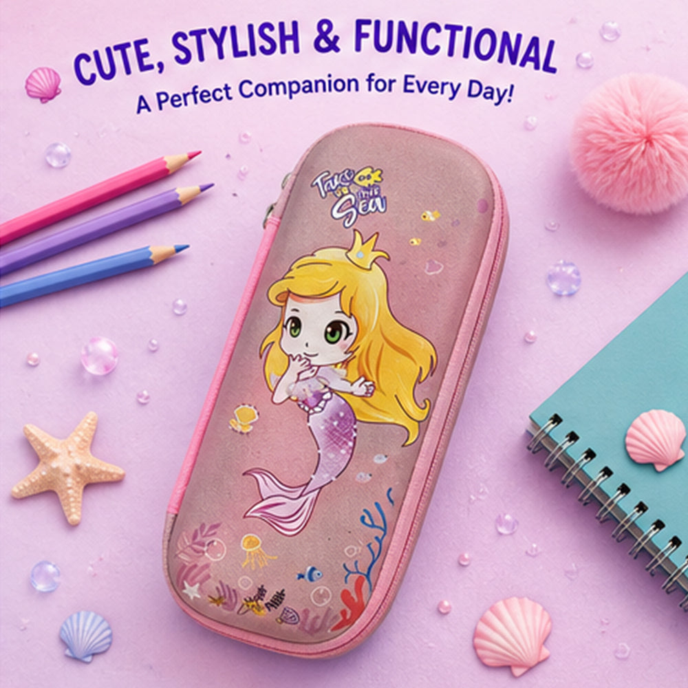 Cocobee Mermaid Princess Pencil Case With Internal Mesh Pocket, Sturdy Build, Zipper Closure – Girls, 3+ Years, Multicolor
