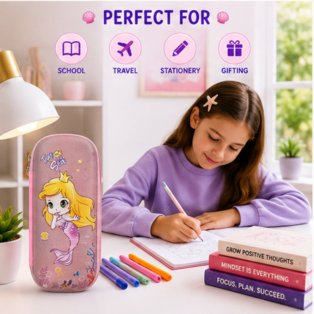 Cocobee Mermaid Princess Pencil Case With Internal Mesh Pocket, Sturdy Build, Zipper Closure – Girls, 3+ Years, Multicolor