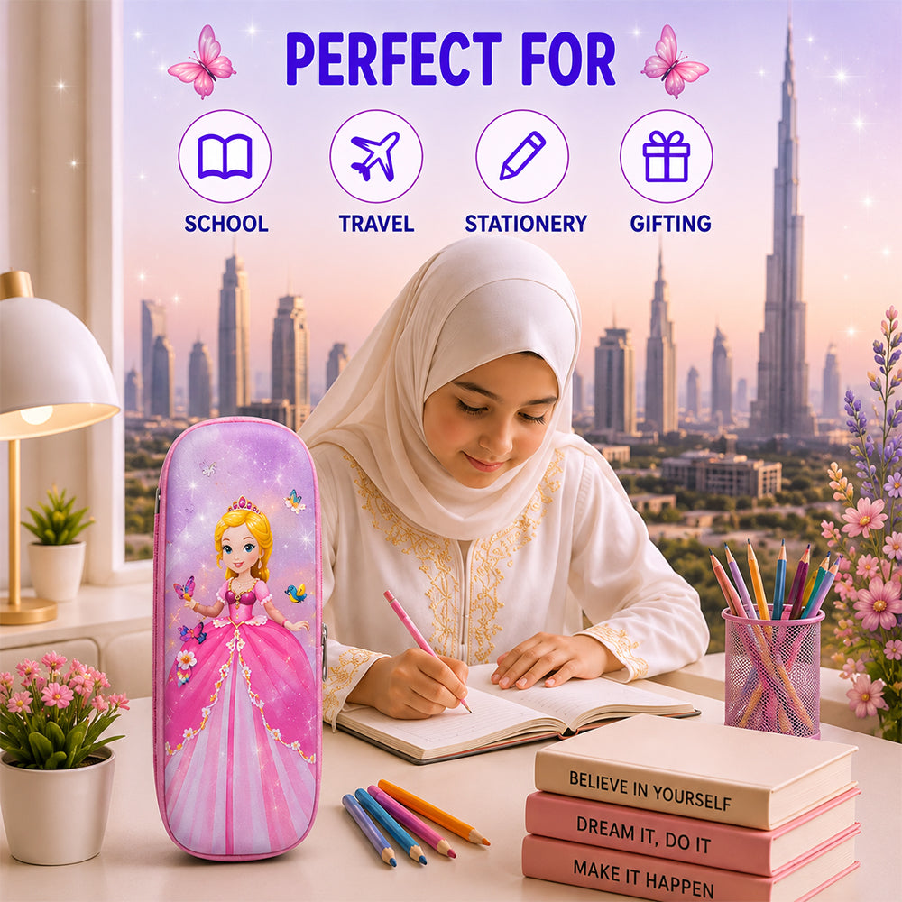 Cocobee Pink Princess Pencil Case With Internal Mesh Pocket, Sturdy Build, Zipper Closure – Girls, 3+ Years, Multicolor
