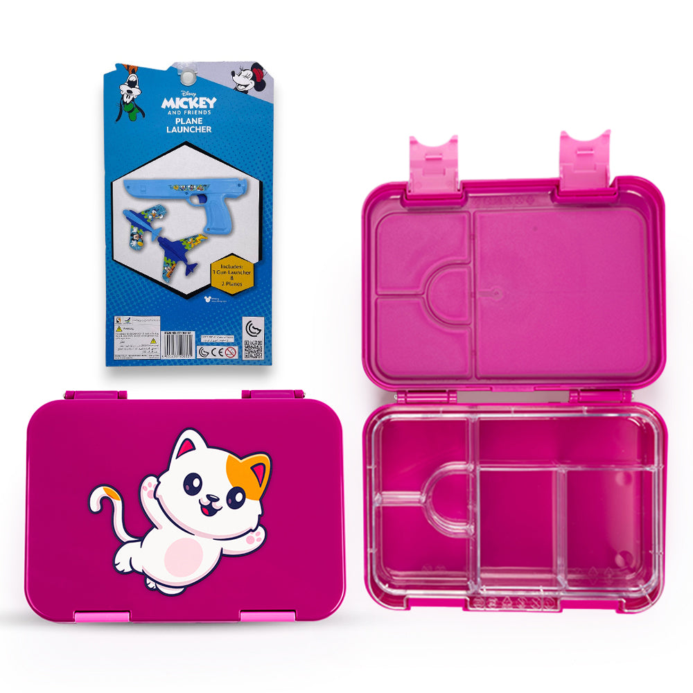 Cocobee-Bento Lunch Box, Bpa Free, Microwave Safe Removable Tray, 6 Adjustable Compartments, Leakproof, Lightweight, 22X15.5X5Cm, 1L, 3 Years+ - Dark Pink + Disney Mickey Mouse Plane Launcher Toy