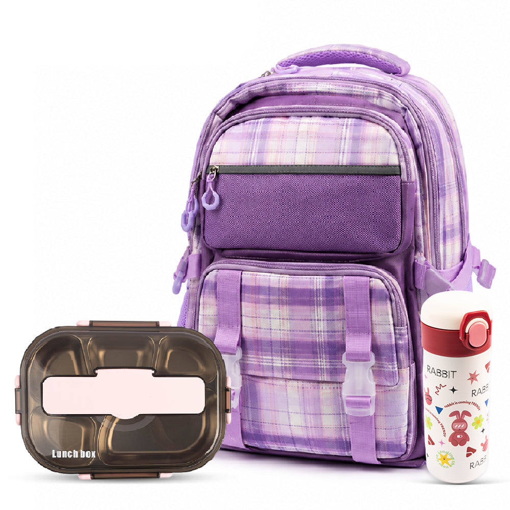Cocobee 15-Inch Kids Backpack with Adjustable Straps & Side Bottle Pocket – Purple +  Kids Oval Lunch Box +  Stainless Steel Water Bottle – Leakproof, 500ml