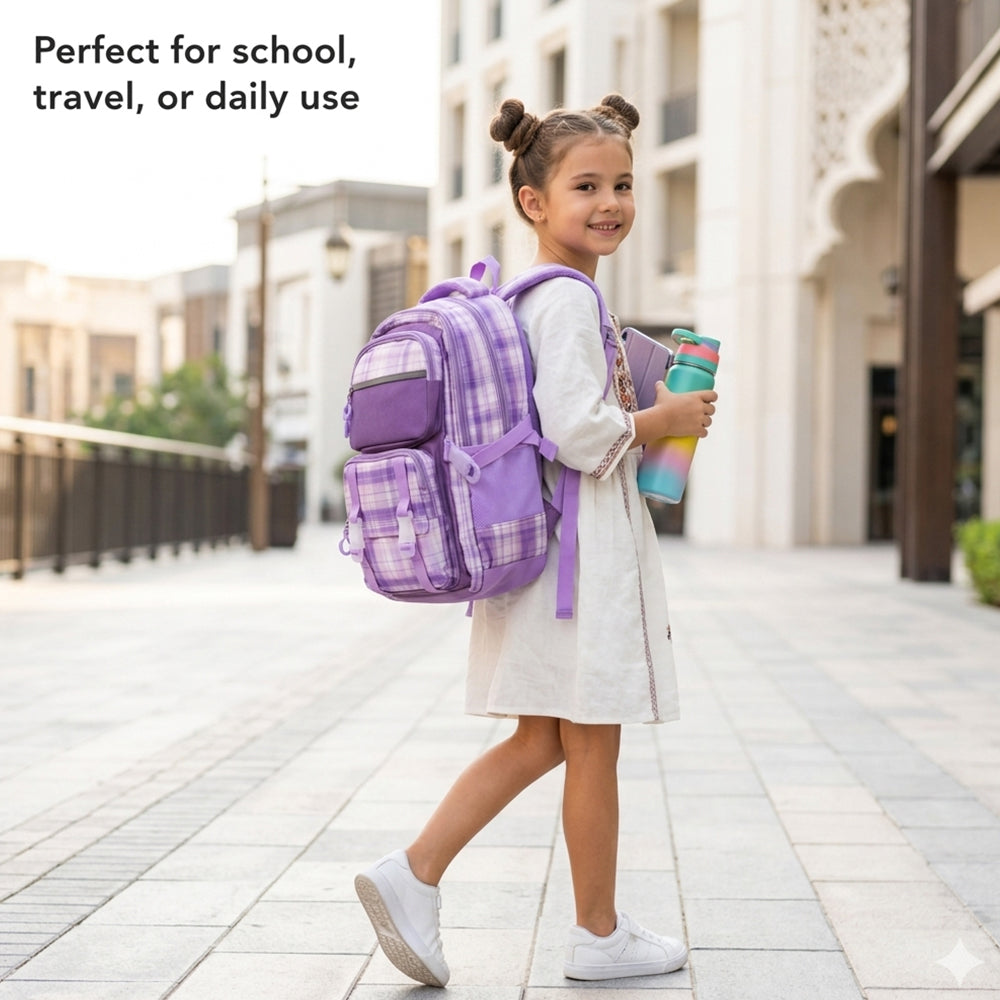 Cocobee 15-Inch Kids Backpack with Adjustable Straps & Side Bottle Pocket – Purple +  Kids Oval Lunch Box +  Stainless Steel Water Bottle – Leakproof, 500ml