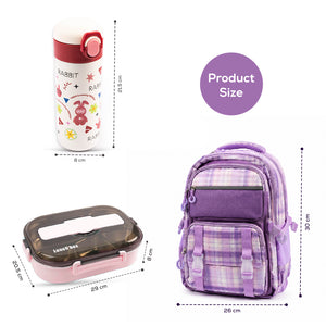 Cocobee 15-Inch Kids Backpack with Adjustable Straps & Side Bottle Pocket – Purple +  Kids Oval Lunch Box +  Stainless Steel Water Bottle – Leakproof, 500ml