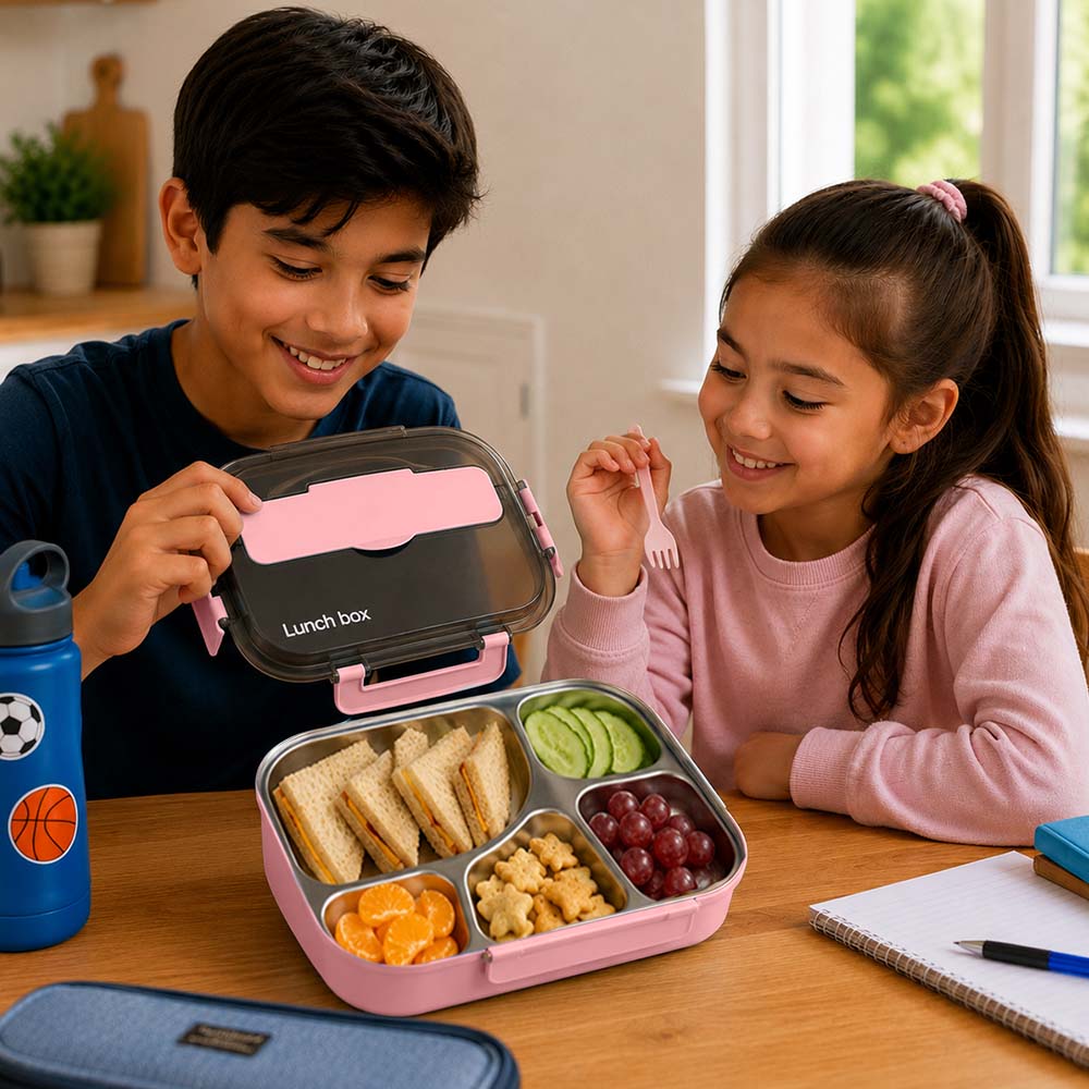 Cocobee 15-Inch Kids Backpack with Adjustable Straps & Side Bottle Pocket – Purple +  Kids Oval Lunch Box +  Stainless Steel Water Bottle – Leakproof, 500ml