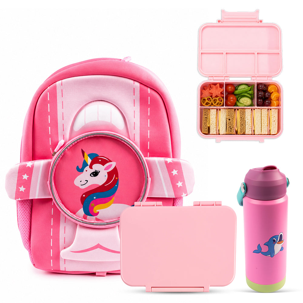 Cocobee Aeroplane Style Unicorn Printed Backpack for Girls – Pink + Insulated Stainless Steel Water Bottle 500ml + Tritan Leakproof Bento Lunch Box