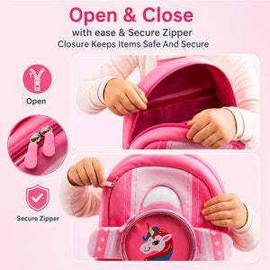 Cocobee Aeroplane Style Unicorn Printed Backpack for Girls – Pink + Insulated Stainless Steel Water Bottle 500ml + Tritan Leakproof Bento Lunch Box