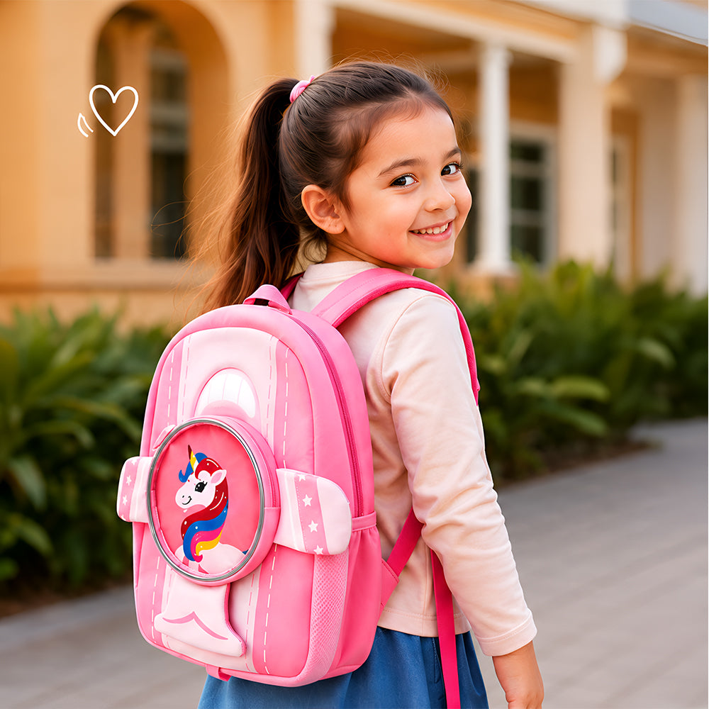 Cocobee Aeroplane Style Unicorn Printed Backpack for Girls – Pink + Insulated Stainless Steel Water Bottle 500ml + Tritan Leakproof Bento Lunch Box