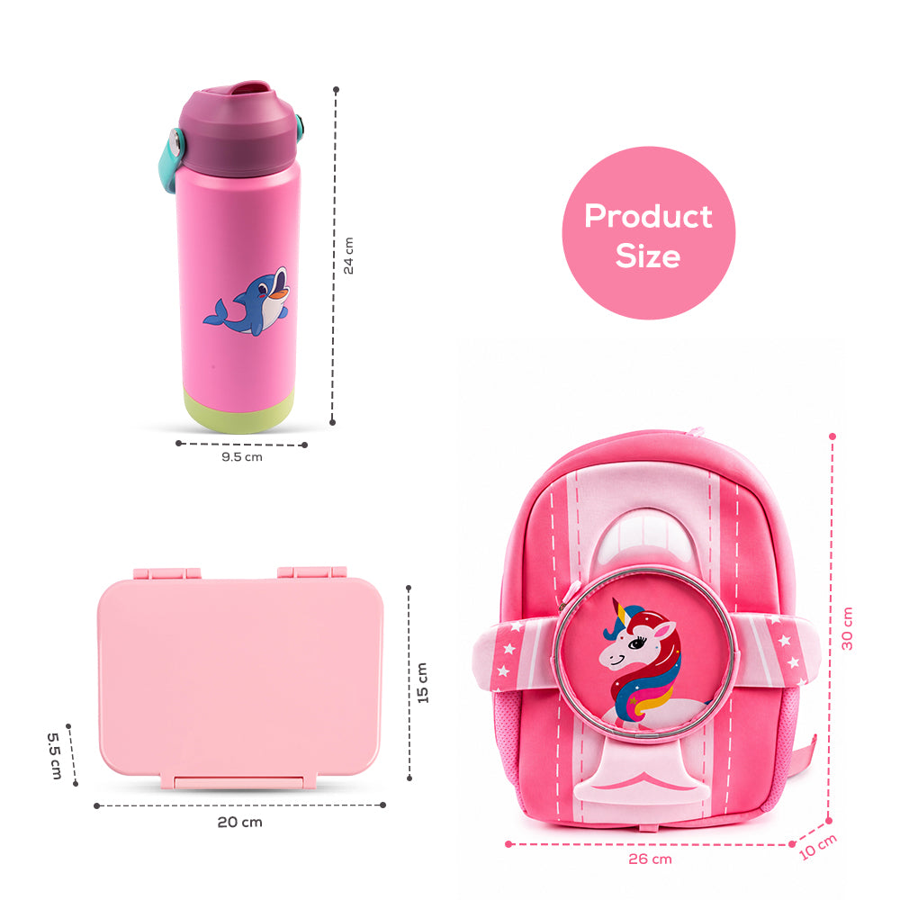 Cocobee Aeroplane Style Unicorn Printed Backpack for Girls – Pink + Insulated Stainless Steel Water Bottle 500ml + Tritan Leakproof Bento Lunch Box