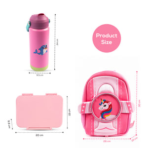 Cocobee Aeroplane Style Unicorn Printed Backpack for Girls – Pink + Insulated Stainless Steel Water Bottle 500ml + Tritan Leakproof Bento Lunch Box
