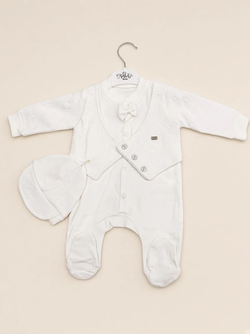 White Textured Formal Romper Set with Bow Tie & Hat