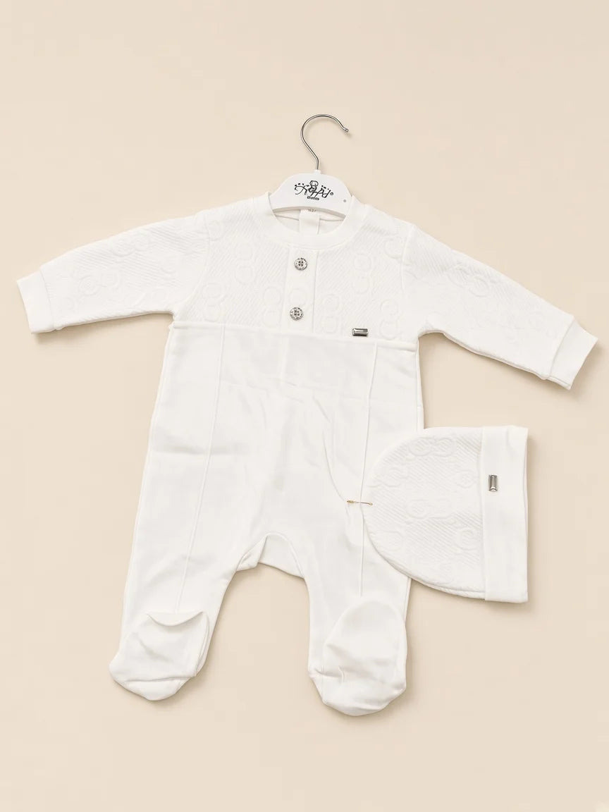 White Textured Jacquard Romper & Hat Set