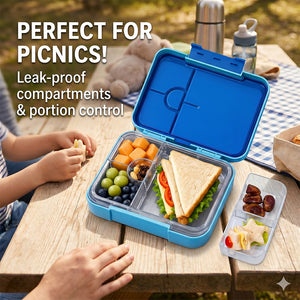 StarMarz Bento Glitter Lunch Box – 4-6 Compartments, 3 Sandwich Cutters, 2 Fruit Pickers, 1195Ml, Detachable Tray, Blue