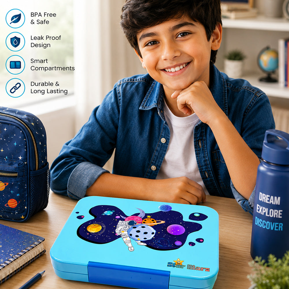 StarMarz Bento Glitter Lunch Box – 4-6 Compartments, 3 Sandwich Cutters, 2 Fruit Pickers, 1195Ml, Detachable Tray, Blue