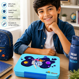 StarMarz Bento Glitter Lunch Box – 4-6 Compartments, 3 Sandwich Cutters, 2 Fruit Pickers, 1195Ml, Detachable Tray, Blue