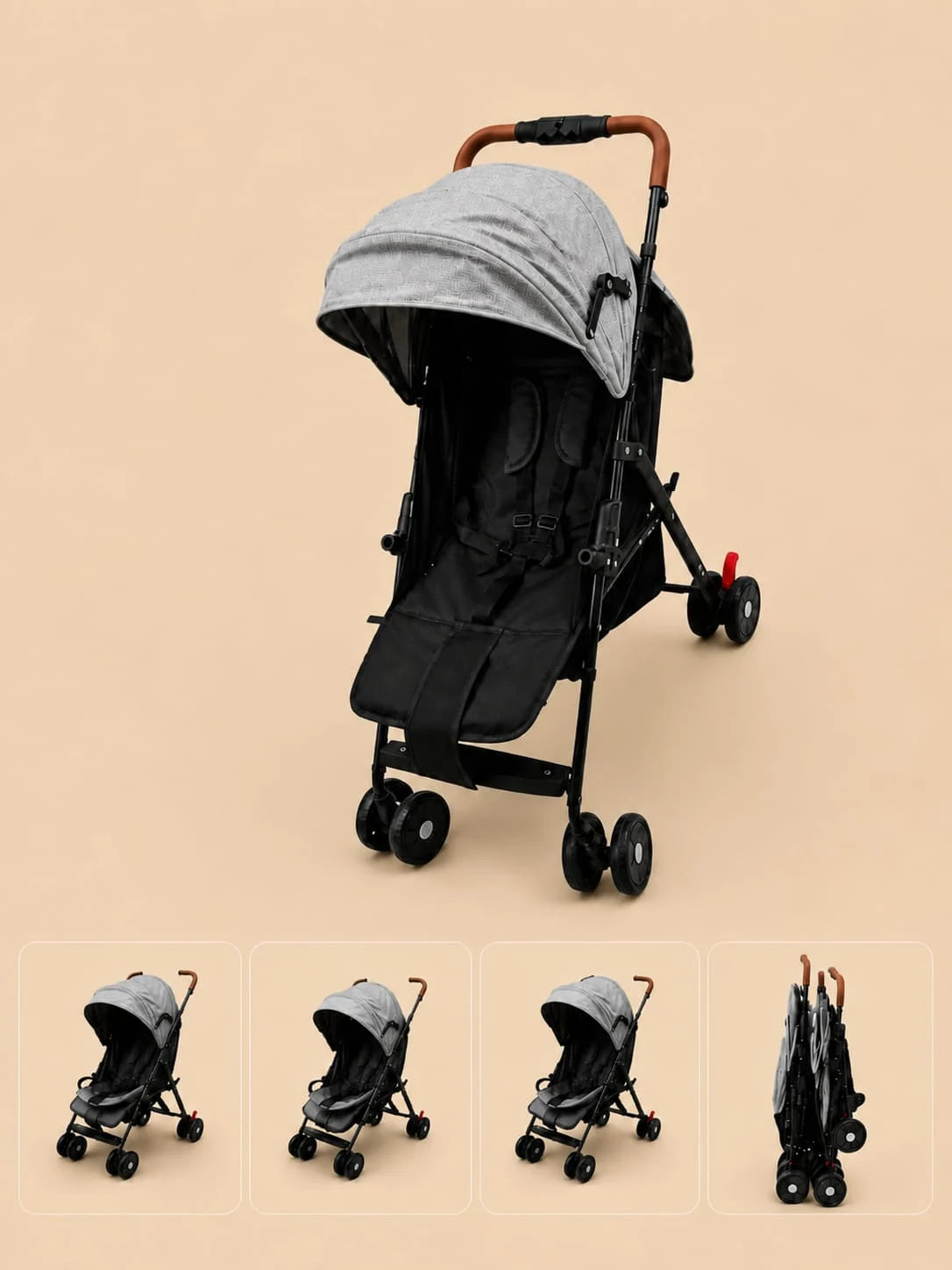 Lightweight Baby Stroller with Leather-Look Handles - Grey/Black