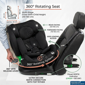 Asalvo Austen3 360° Rotating i-Size Car Seat with ISOFIX, Grey, Rear & Forward Facing