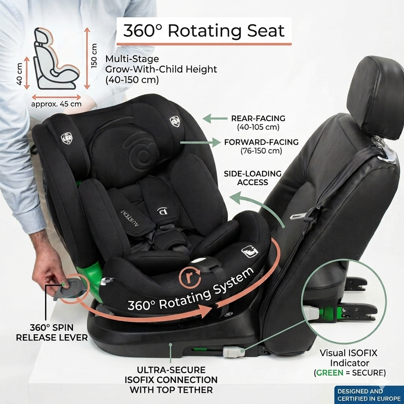 Asalvo Austen3 360° Rotating i-Size Car Seat with ISOFIX, Grey, Rear & Forward Facing