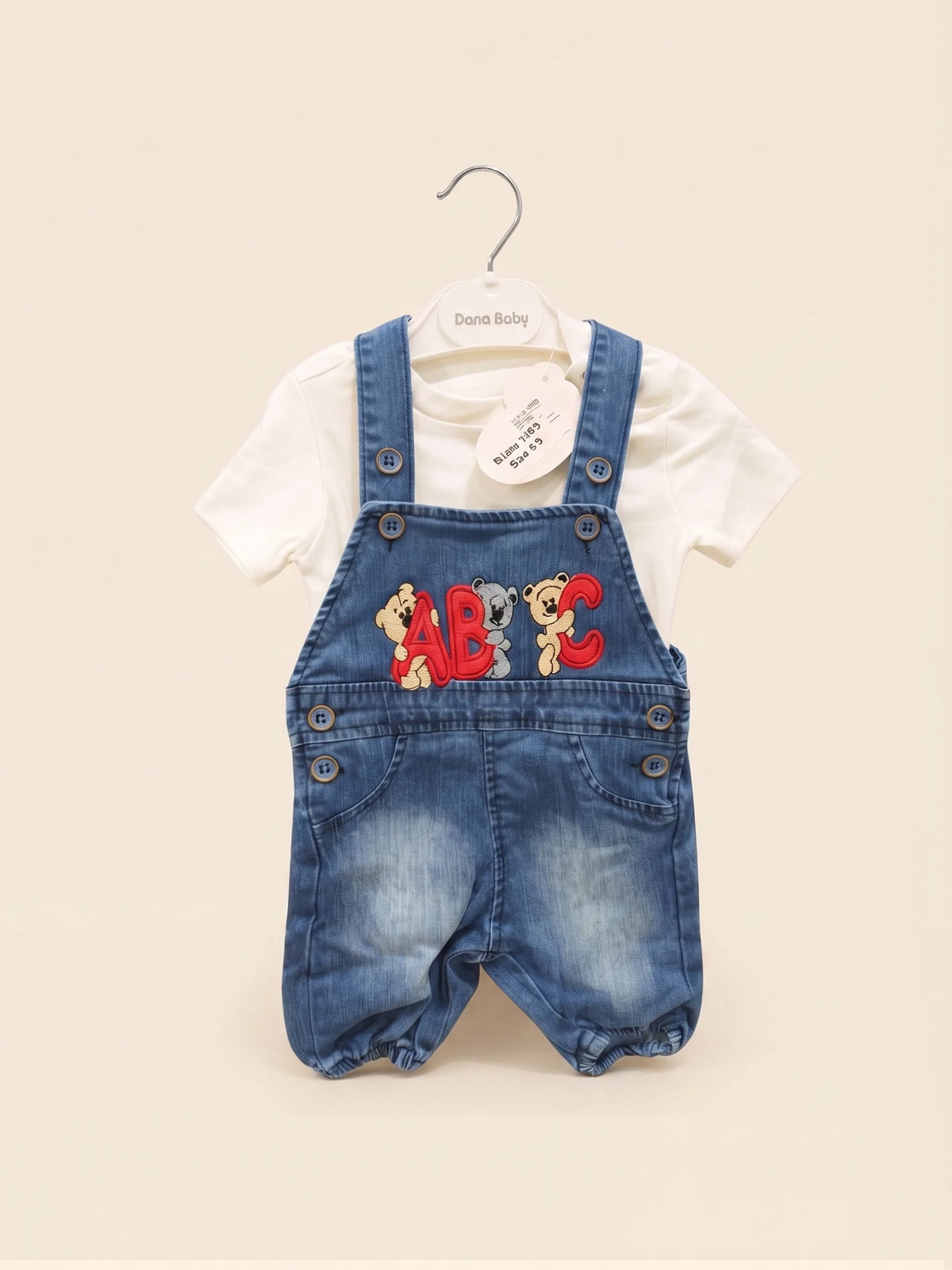 Denim Dungaree with ABC Teddy Embroidery T-Shirt Set