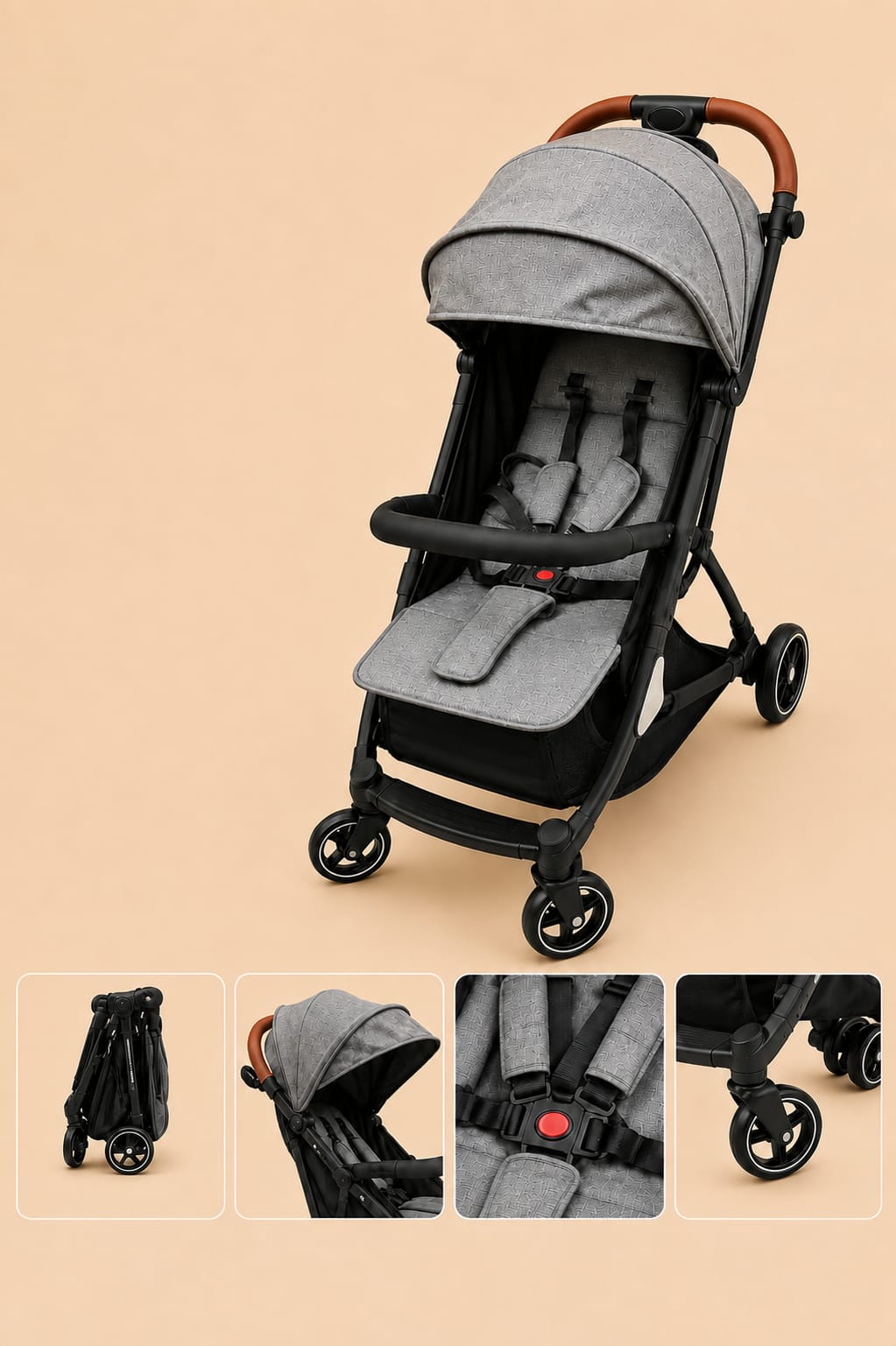 Baby Stroller with Leather-Look Handle - Grey Textured